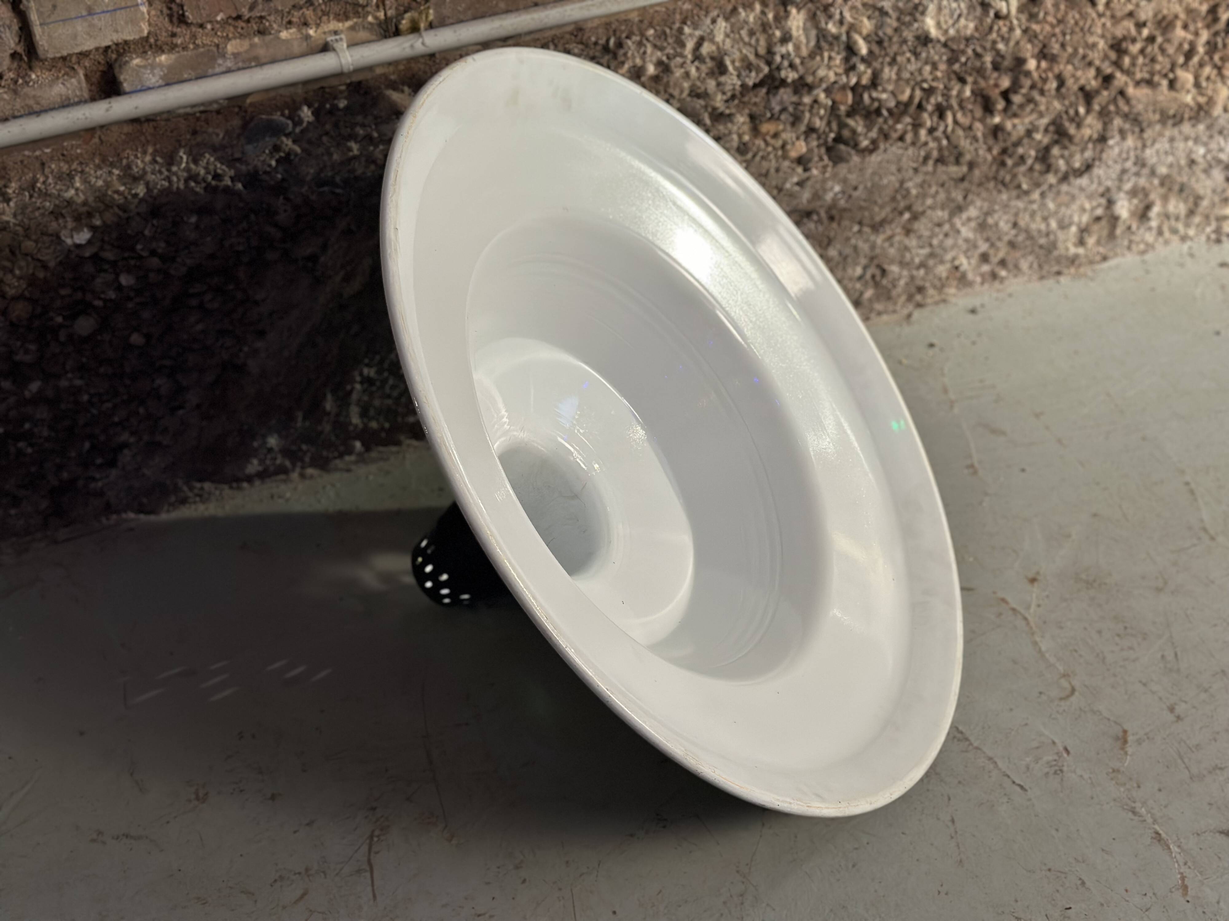 Large industrial pendant lampshade in black enamelled sheet metal.