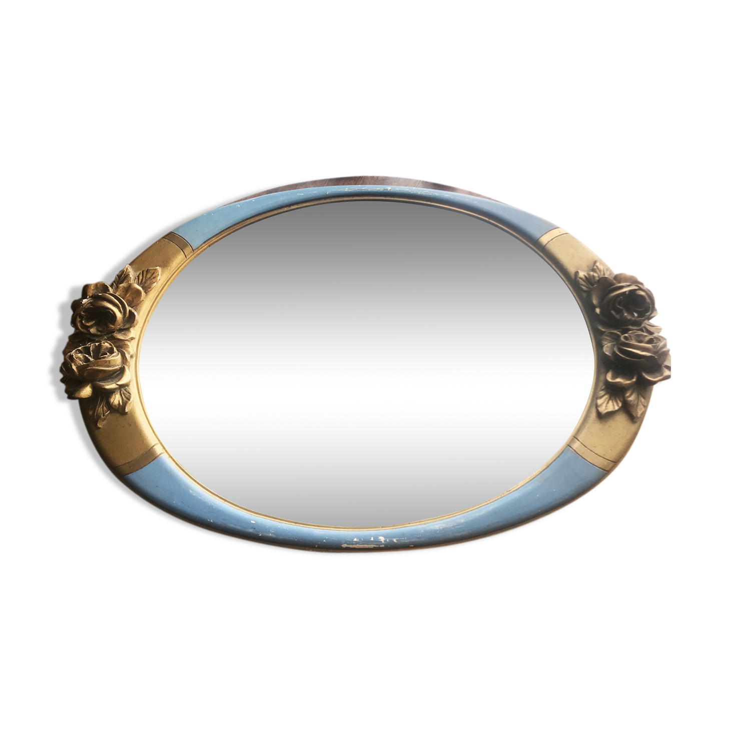 Pretty oval mirror gilded and blue frame 64x43cm