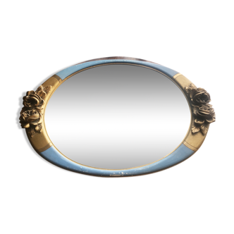 Joli miroir oval cadre doré et bleu 64x43cm