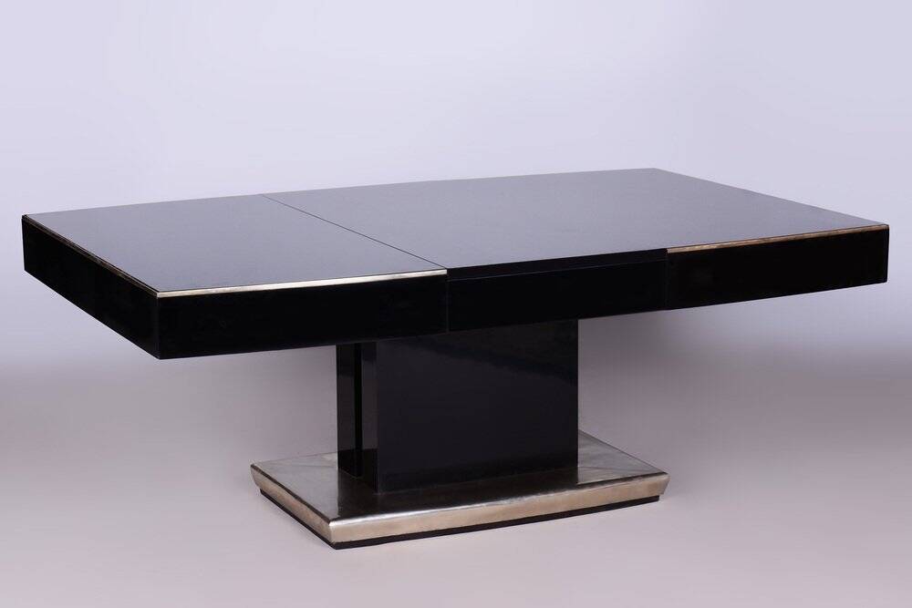 Large Art Deco Chrome and Black Glass Extendable Dining Table, 1930s