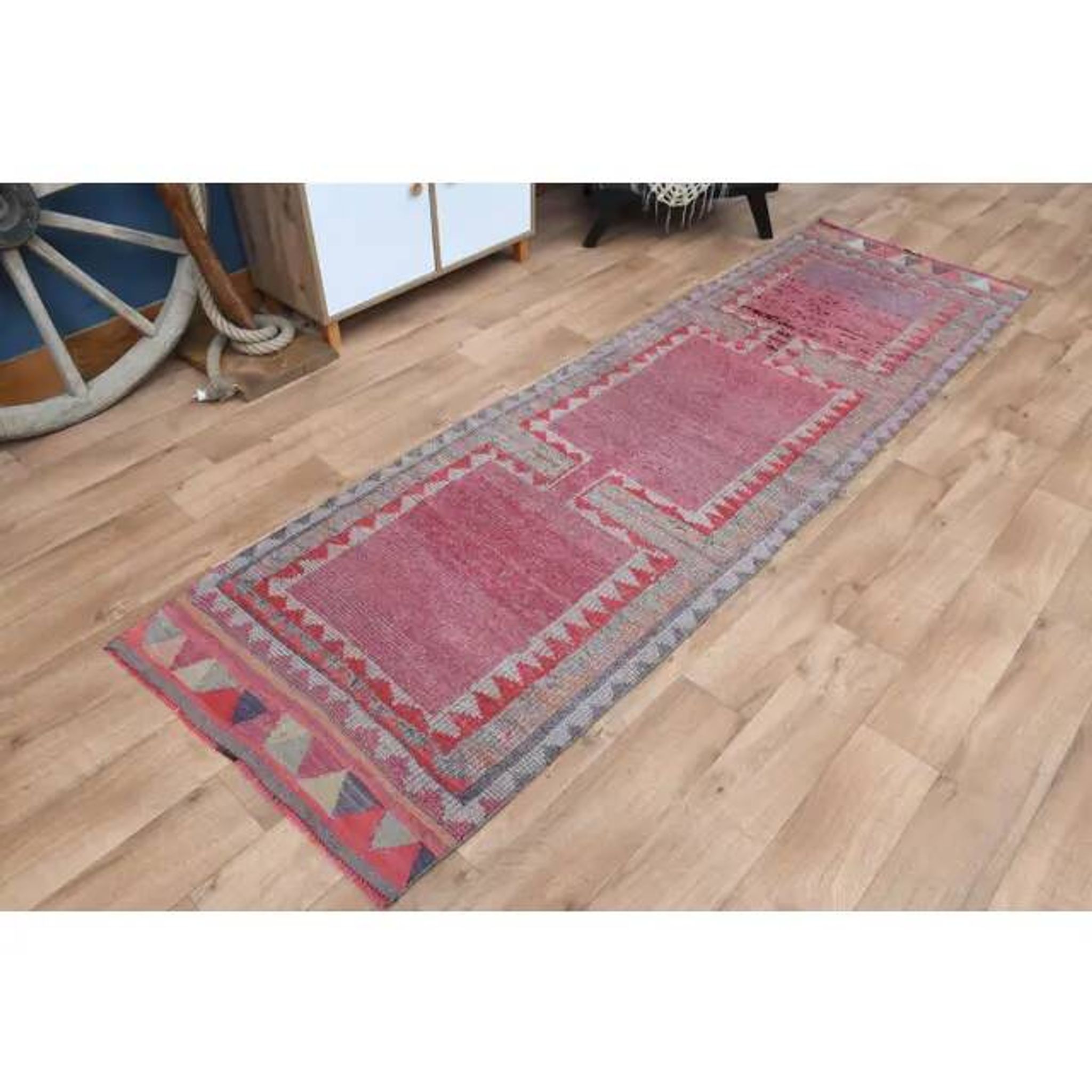 Tribal Turkish Vintage Runner, Pink Purple Handmade Oushak Runner 95x304