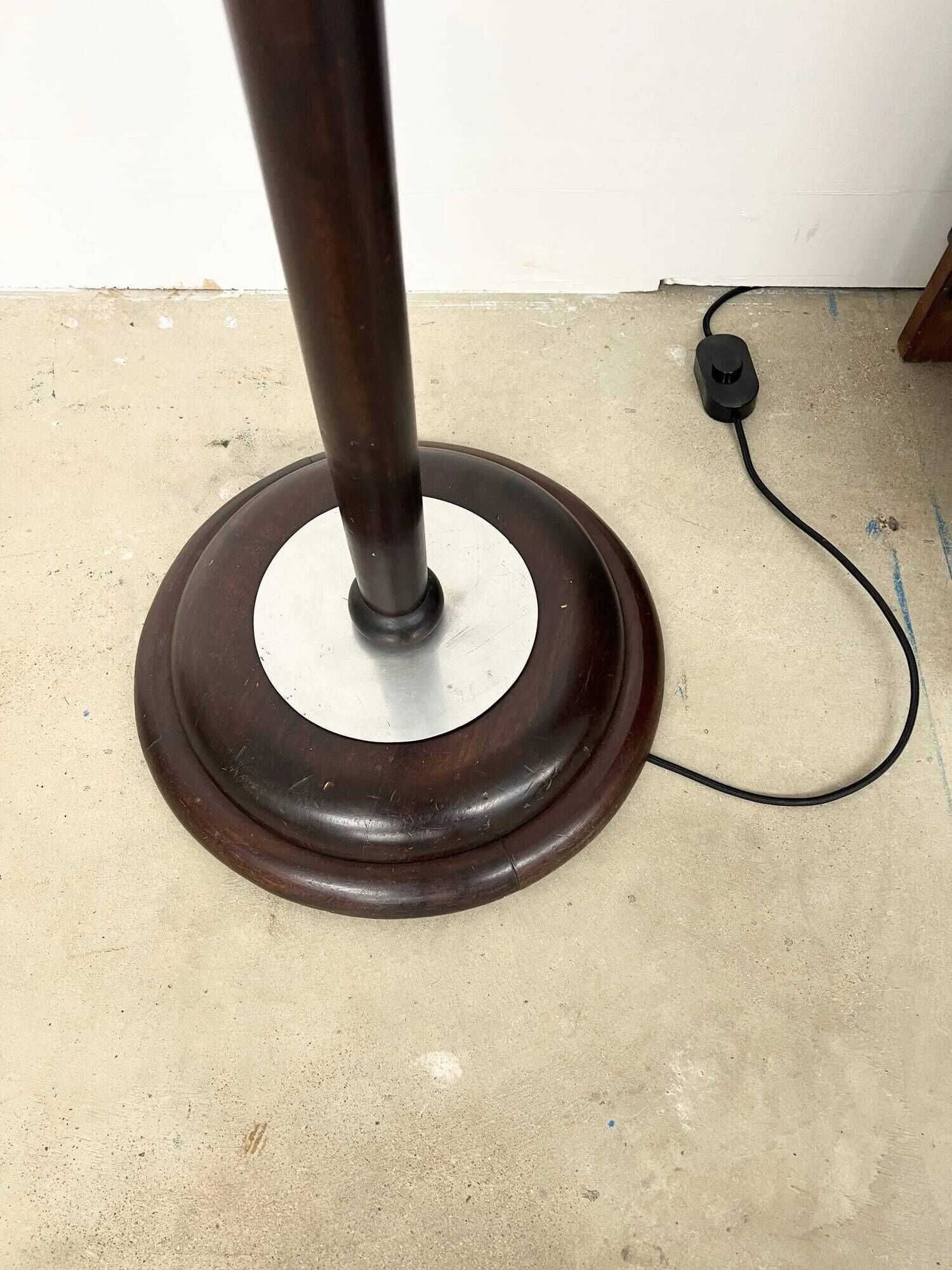 Mazda Art Deco floor lamp (1940s) – Stained wooden stem & frosted glass shade