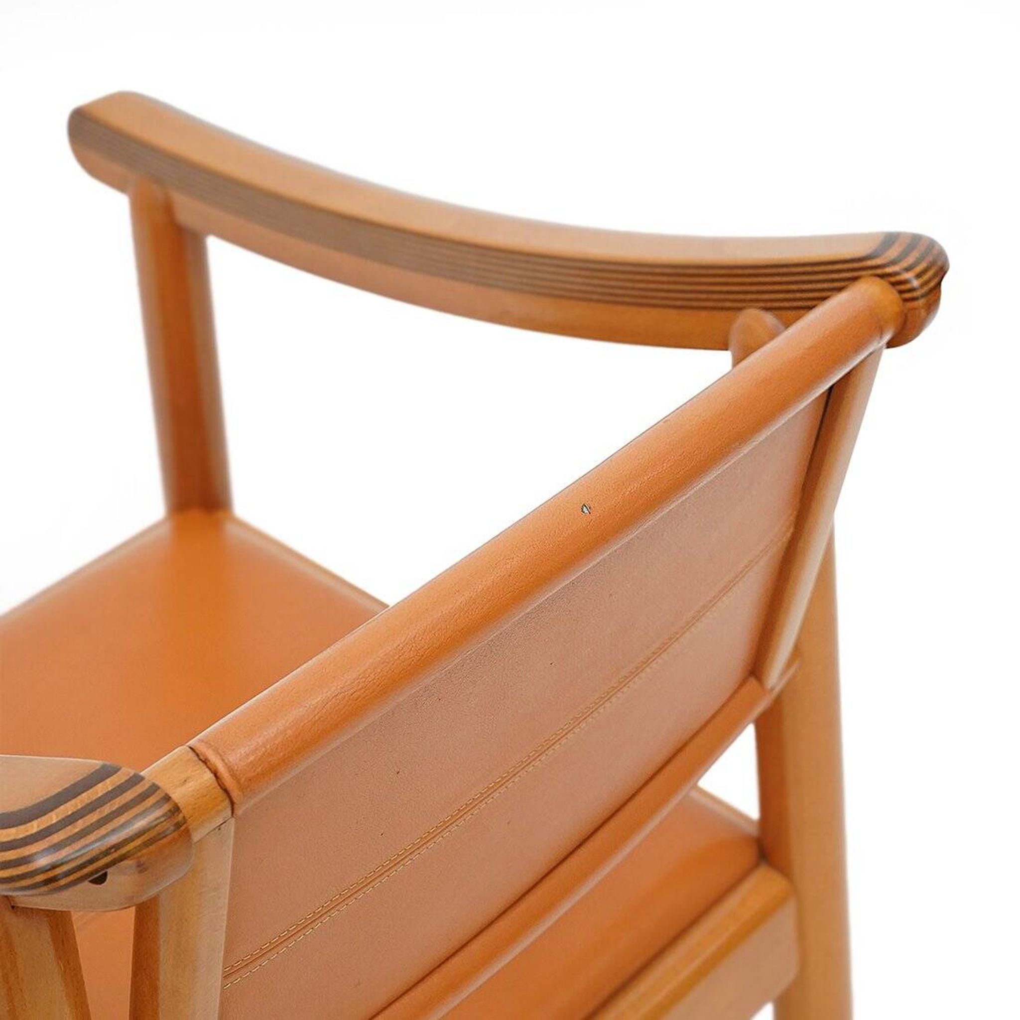 Wood and leather chairs, 1970s, set of 4