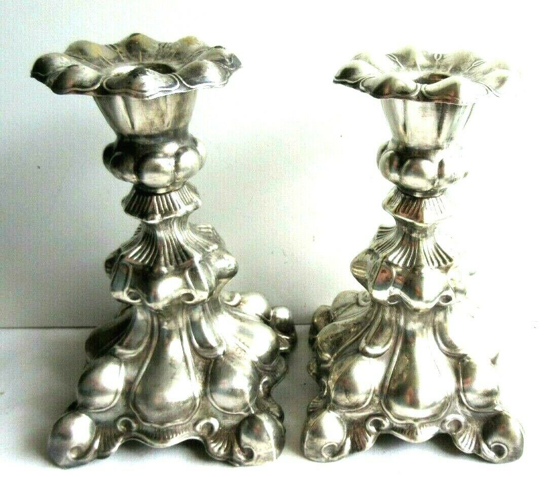 2 silver metal candlesticks, Louis XV style, 1900 era