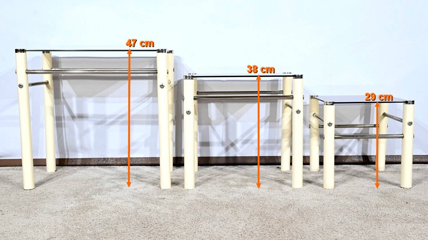 Tables Gigognes en Métal Beige, attribuées à Yves Boutboul – 1970