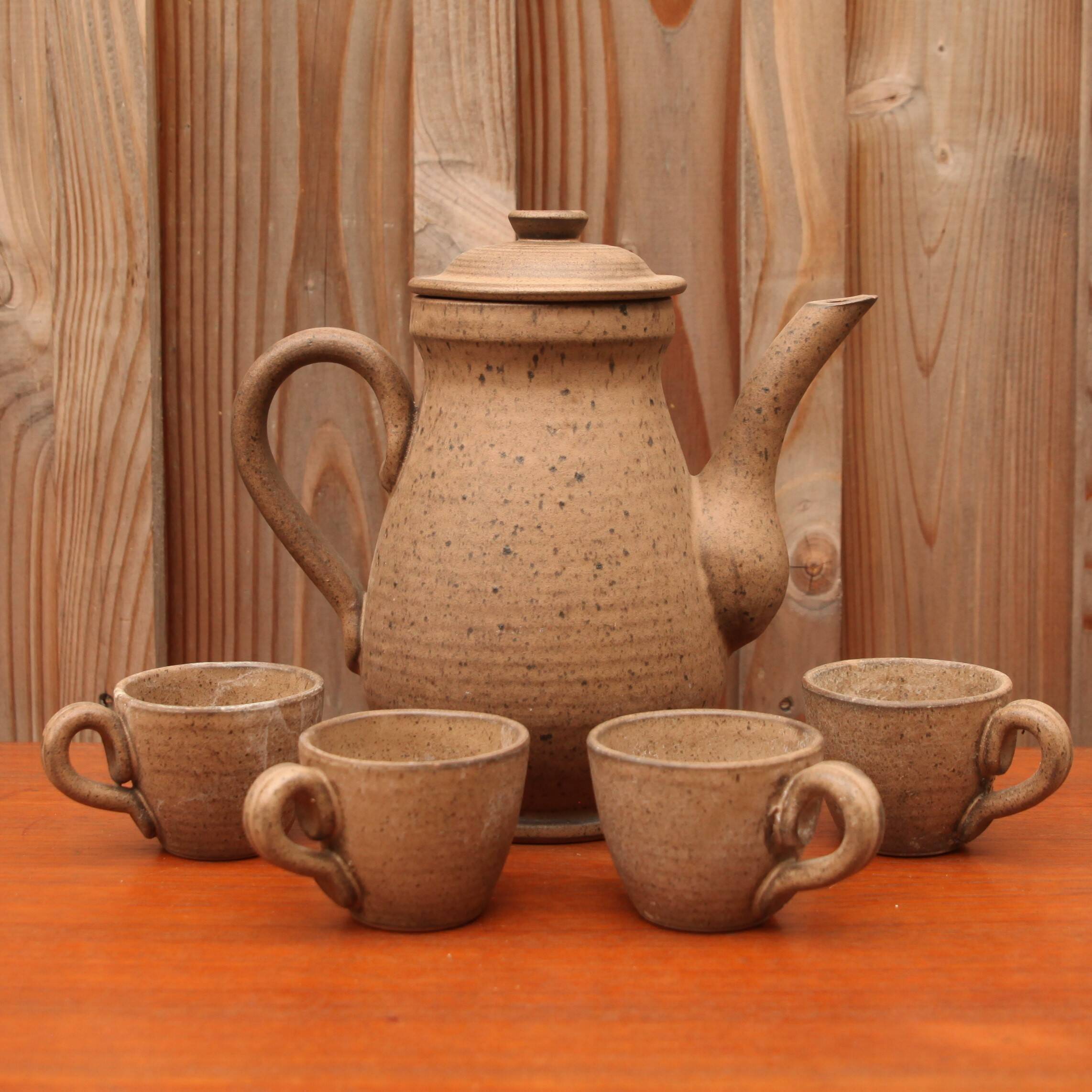 Vallauris stoneware coffee set, 4 cups and coffee pot