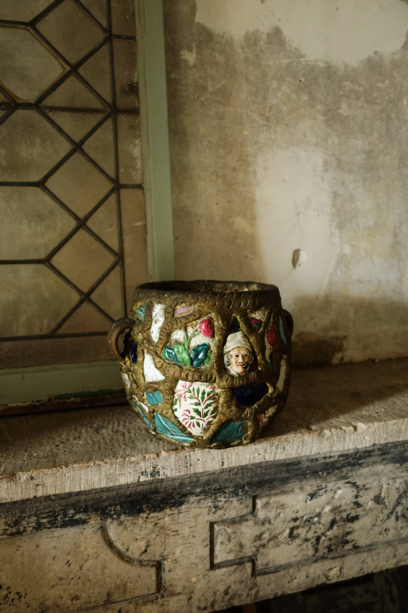French Folk Art Mosaic Plant Pots and Plate Holders