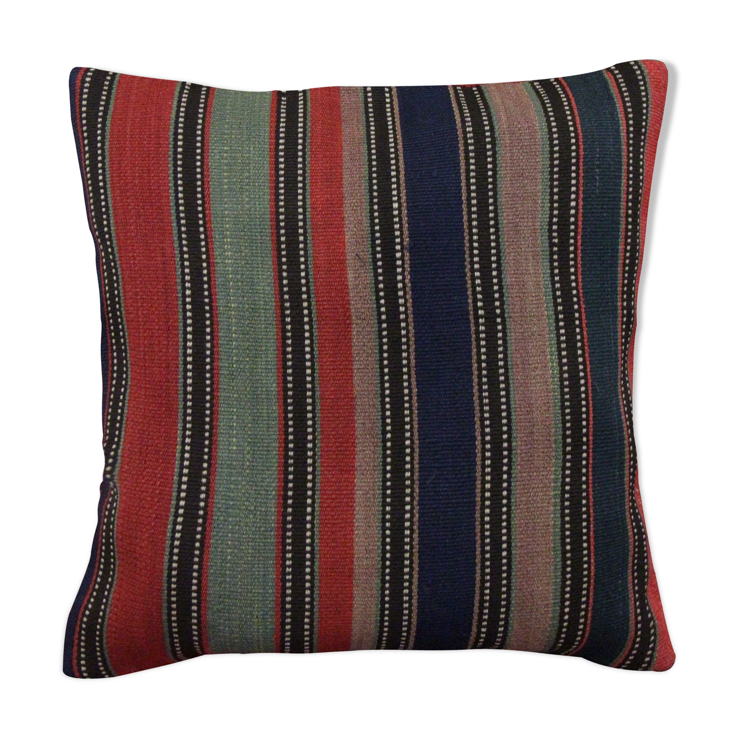 Striped Wool Kilim Pillow Cover, Handwoven Traditional Scatter Cushion- 39x39cm