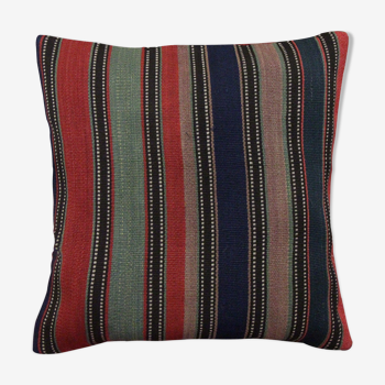 Striped Wool Kilim Pillow Cover, Handwoven Traditional Scatter Cushion- 39x39cm