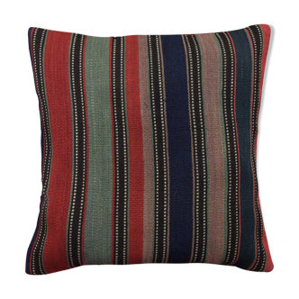 Striped Wool Kilim Pillow Cover, Handwoven Traditional Scatter Cushion- 39x39cm