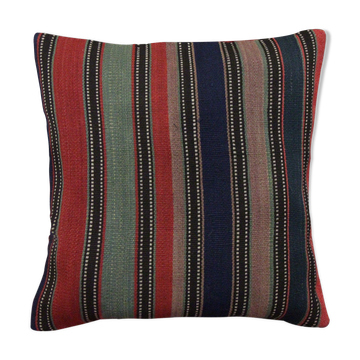 Striped Wool Kilim Pillow Cover, Handwoven Traditional Scatter Cushion- 39x39cm
