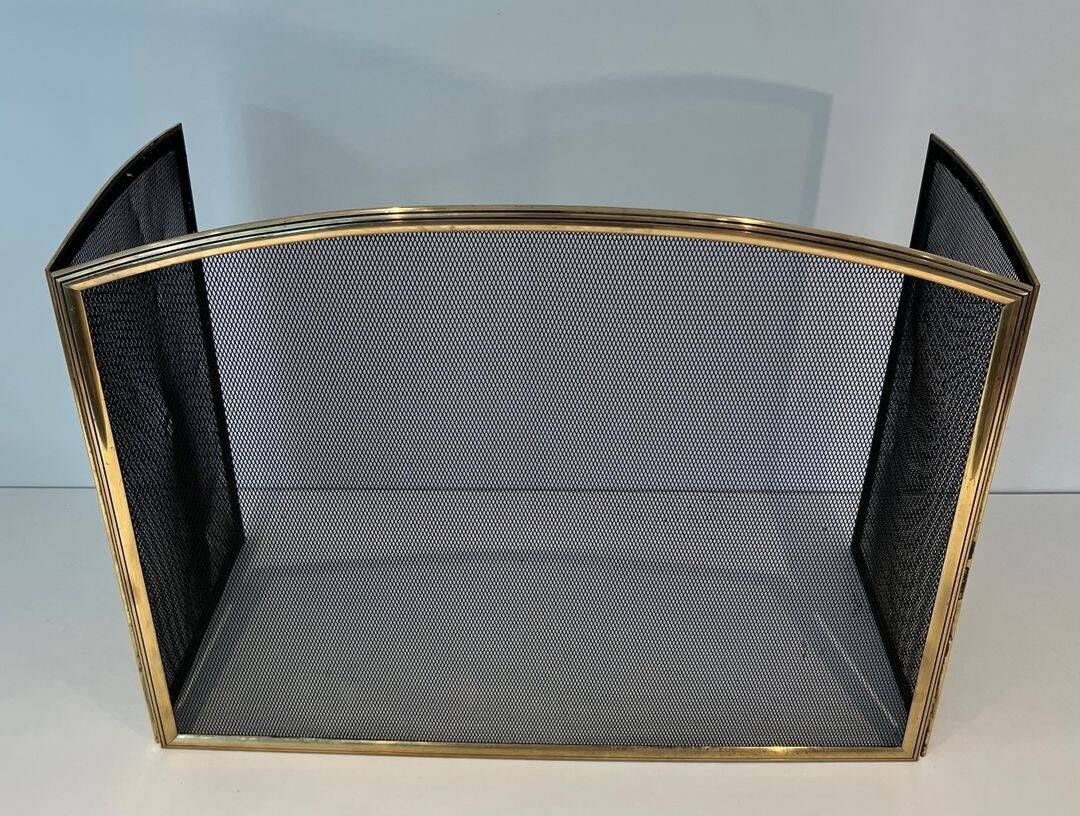 Three-Panel Neoclassical Fire Screen with Wire Mesh and Brass Frame