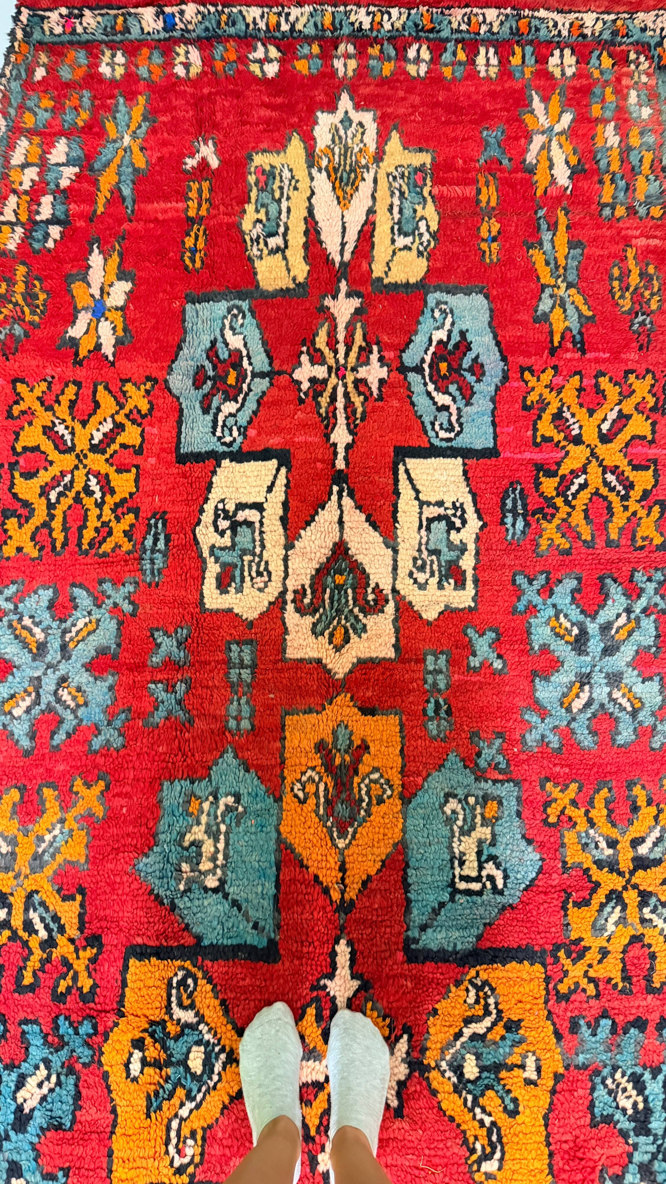 Vintage red Berber rug with multicoloured patterns - 145 x 300 cm