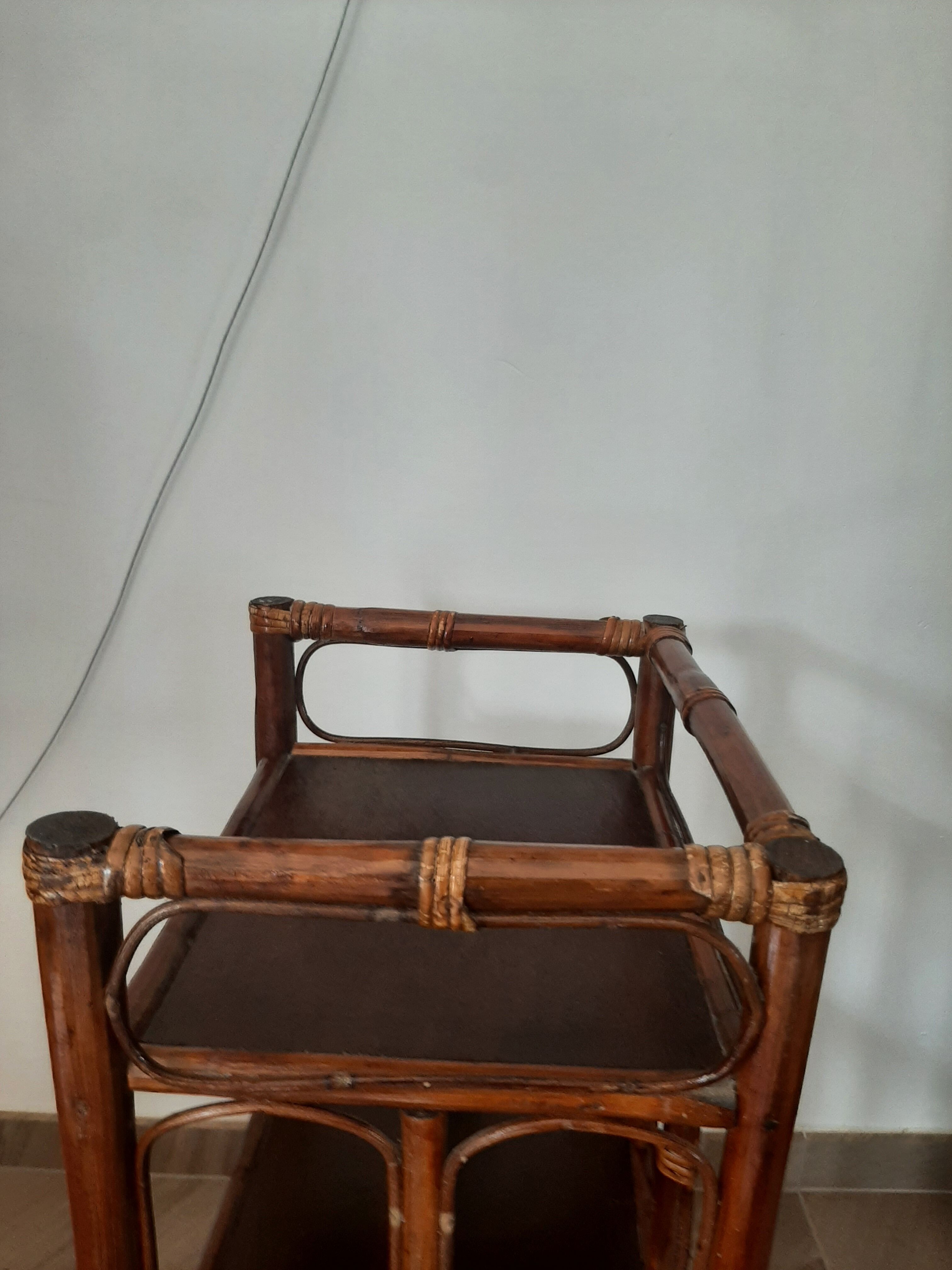 Vintage - set of 2 shelves of wooden floor, bamboo and rattan - 3 levels- retro 80s