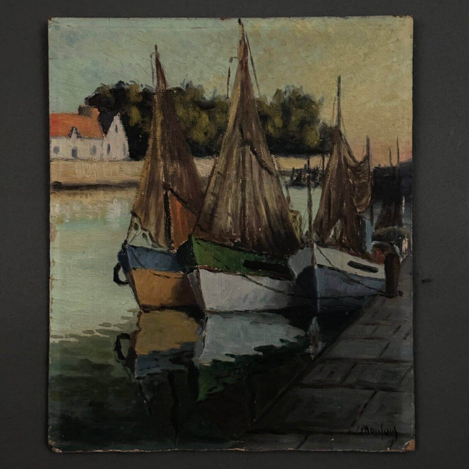 Oil on cardboard fishing boats at the quayside 20th century by Moufunt
