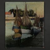 Oil on cardboard fishing boats at the quayside 20th century by Moufunt