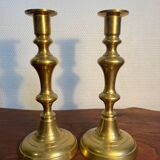 Pair of duo of ringed brass candlesticks