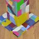 Handmade table made from recycled materials, colourful, abstract.