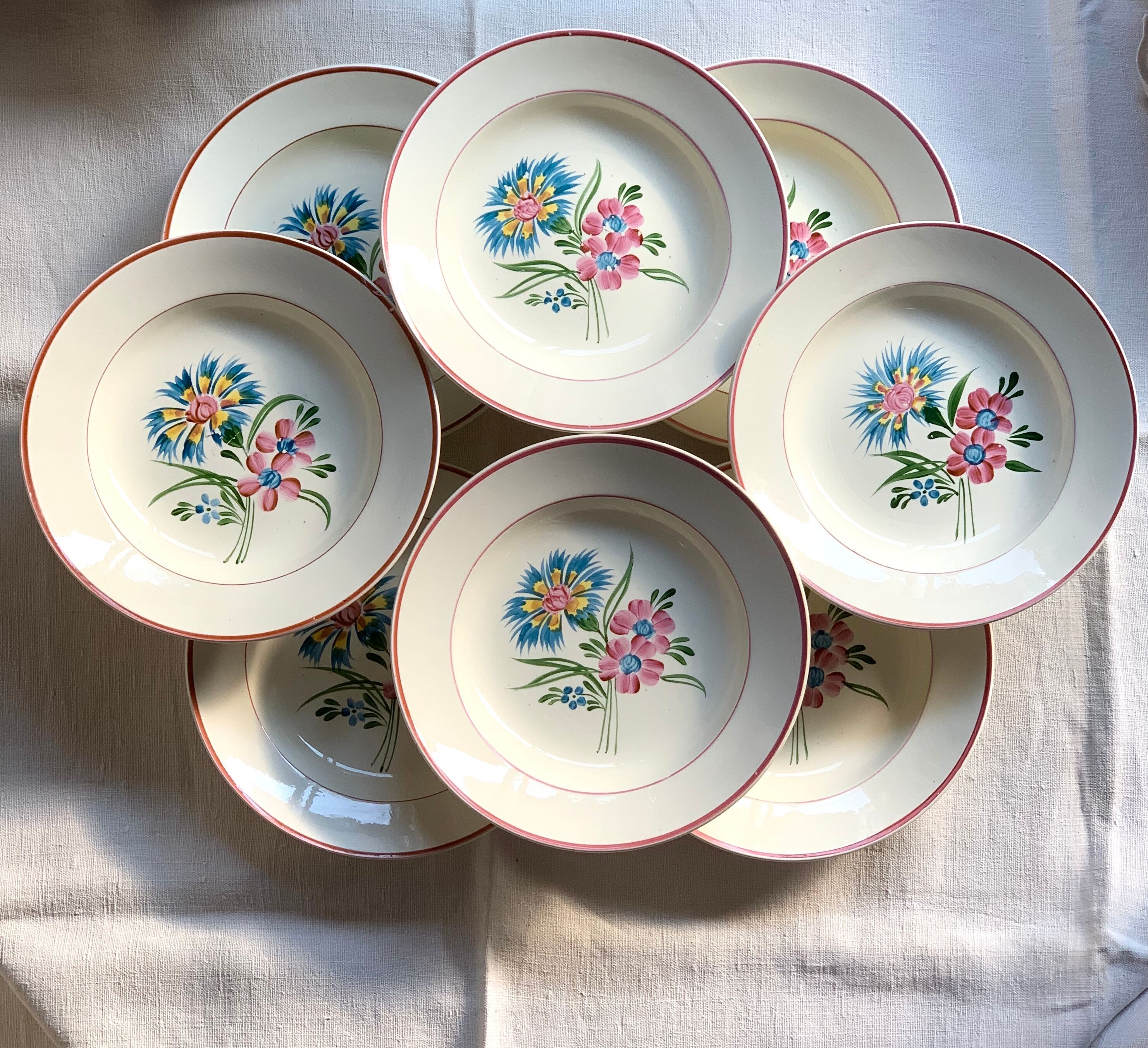 8 Old hollow earthenware plates, Manufacture d'Onnaing