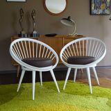 Pair of Scandinavian Armchairs, Wood and Leather