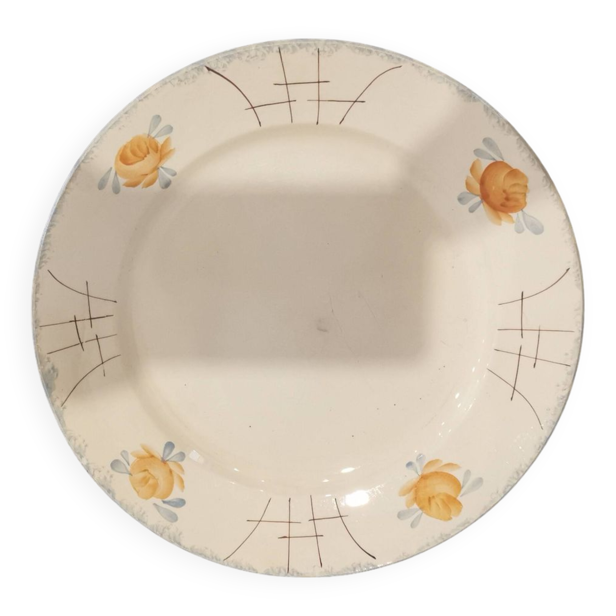 Old Terre de fer earthenware dish, hand painted