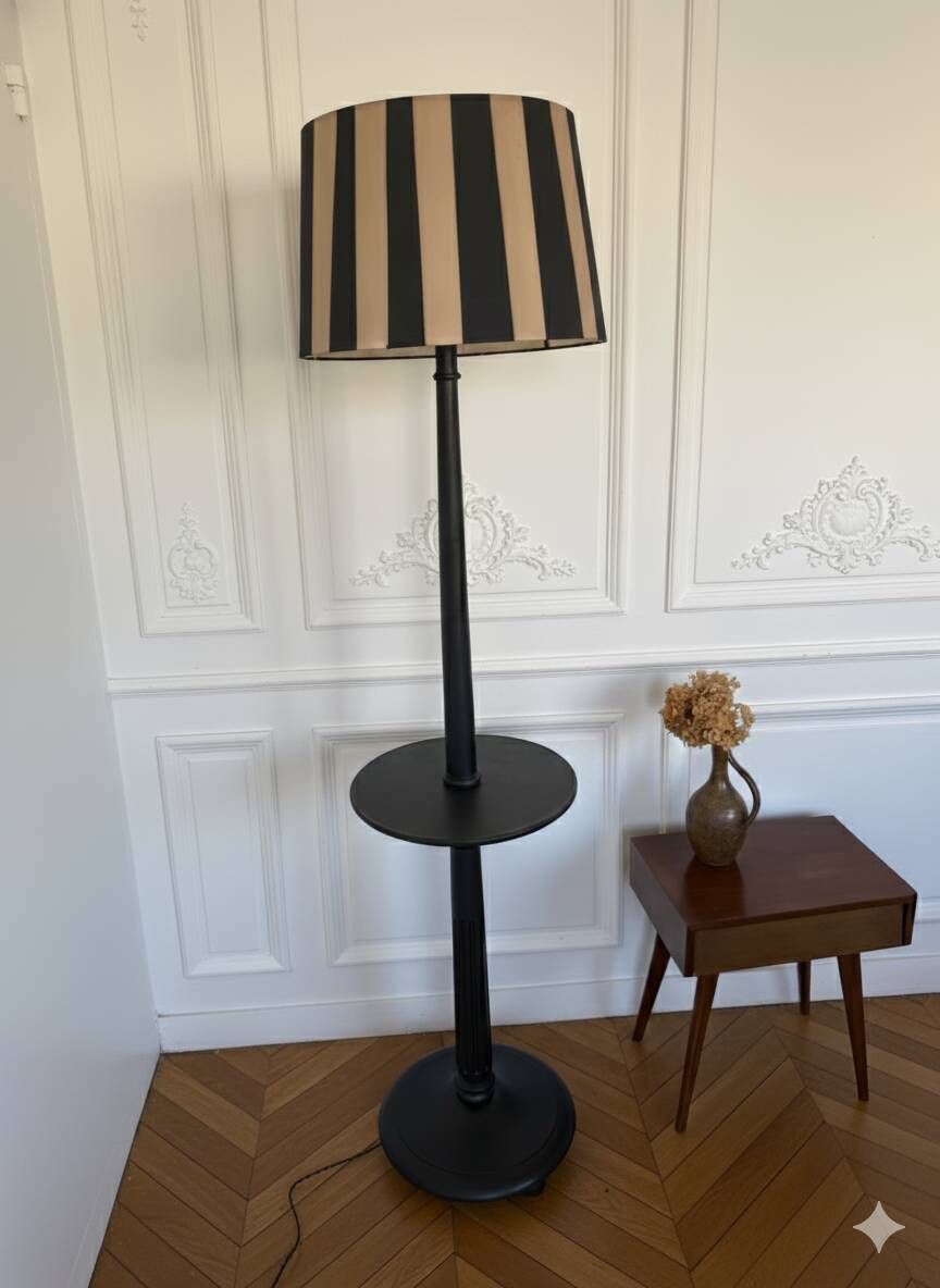 Vintage floor lamp in black patinated wood and striped lampshade