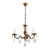Petite Vintage French Bronze & Crystal Mid Century 3 Light Chandelier