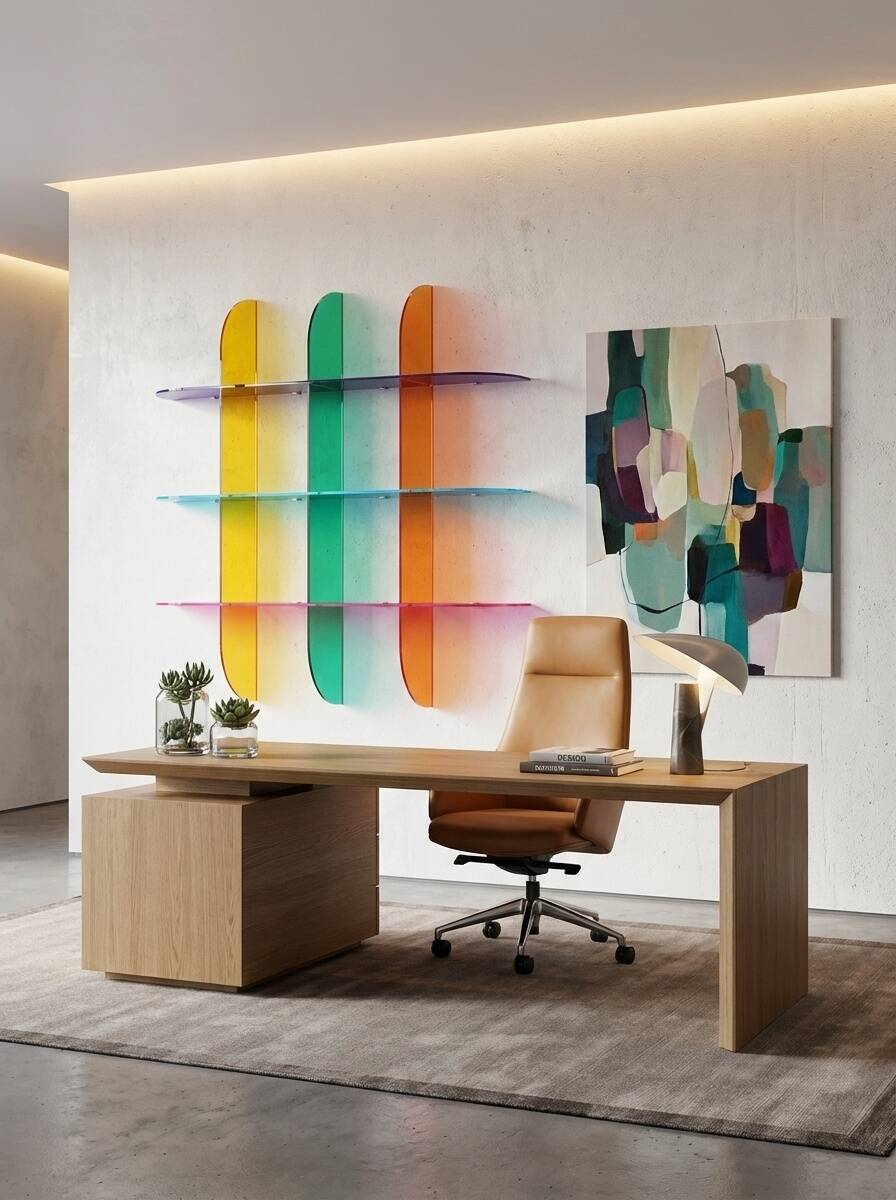 Multicoloured designer wall shelf in PMMA (plexiglass) 15 mm – 200×200×28 cm