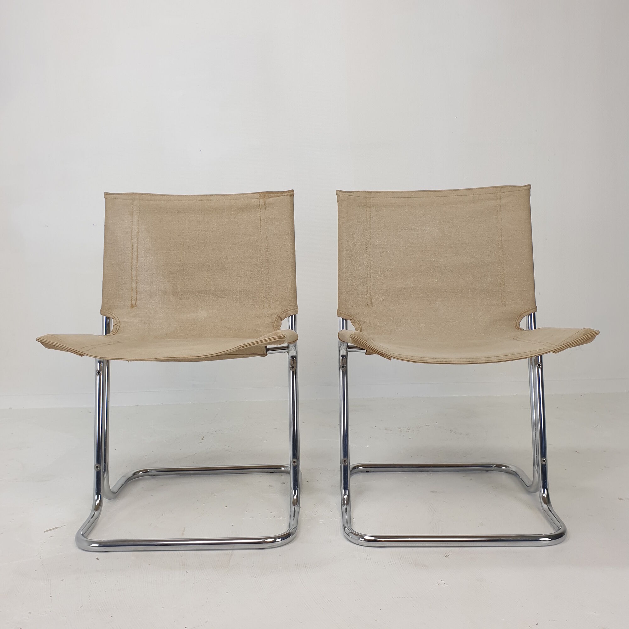 Set of 2 italian canvas and chromed metal chairs, 1970's