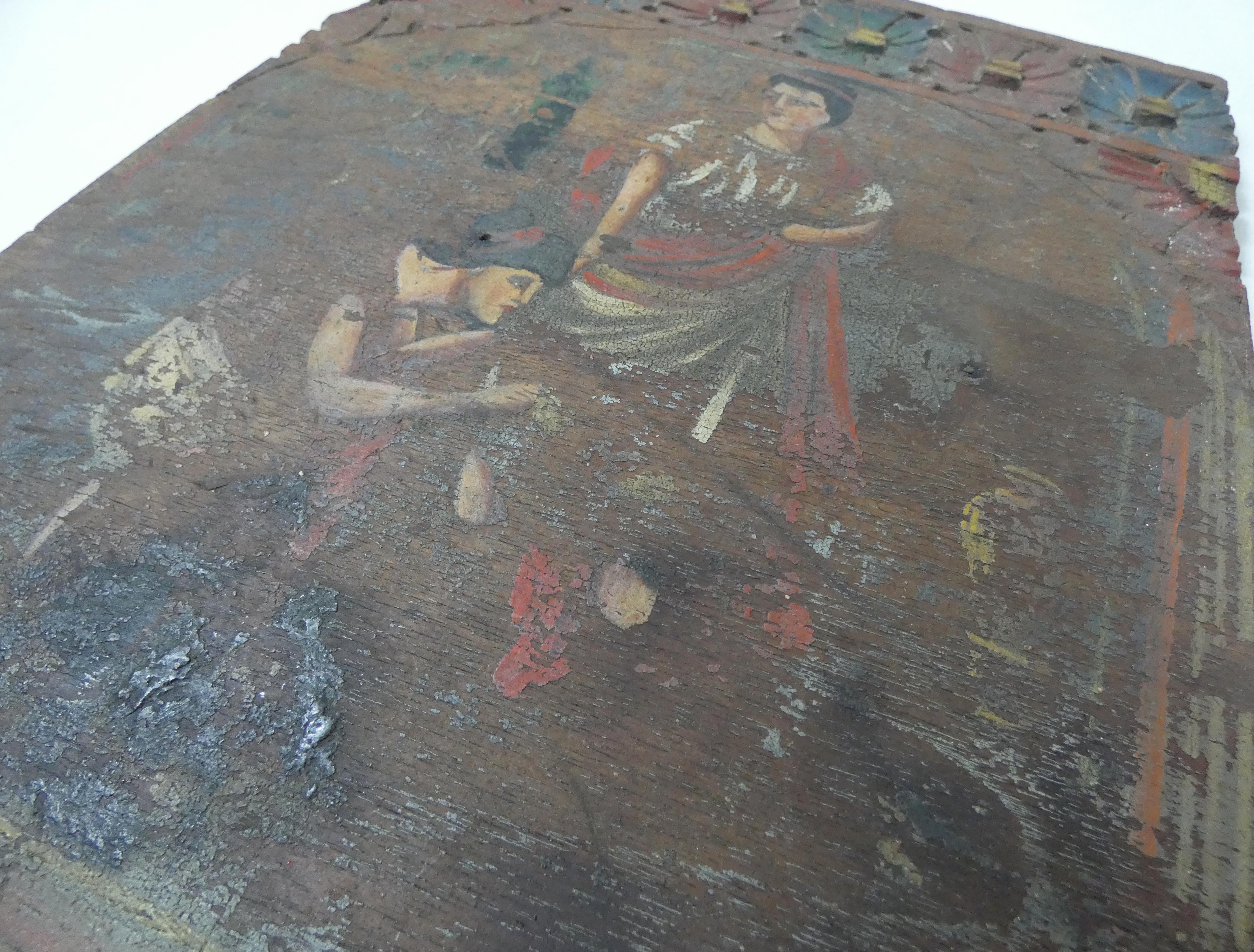 Painting on carved wood panel