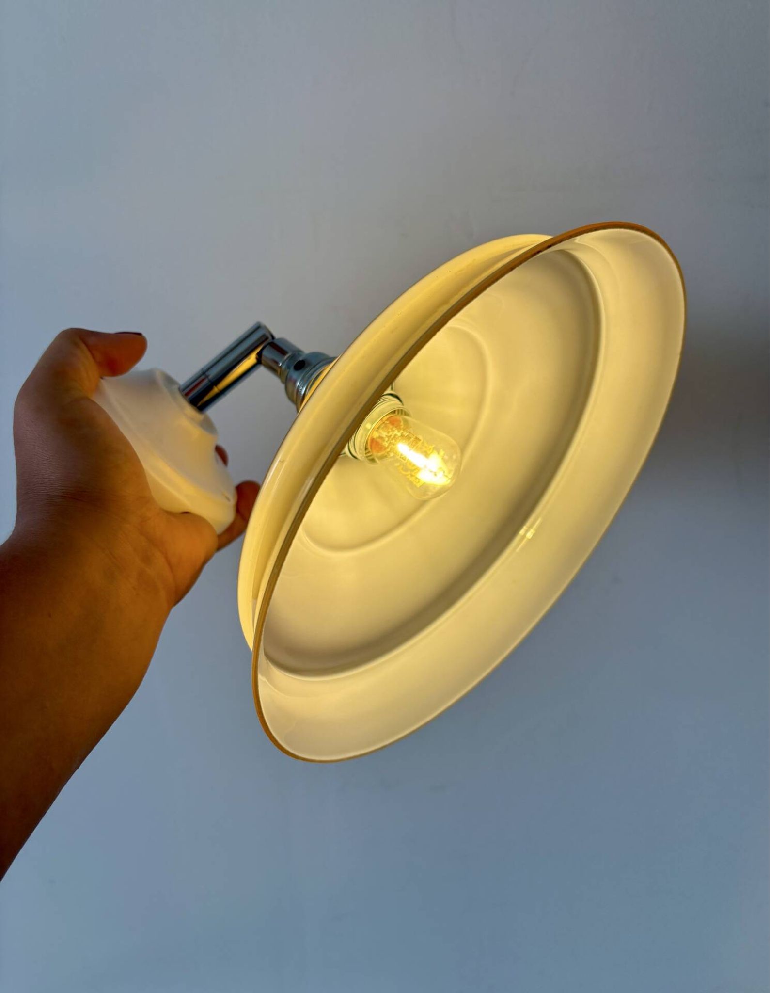 Vintage lampshade in yellow opaline with silver trim.