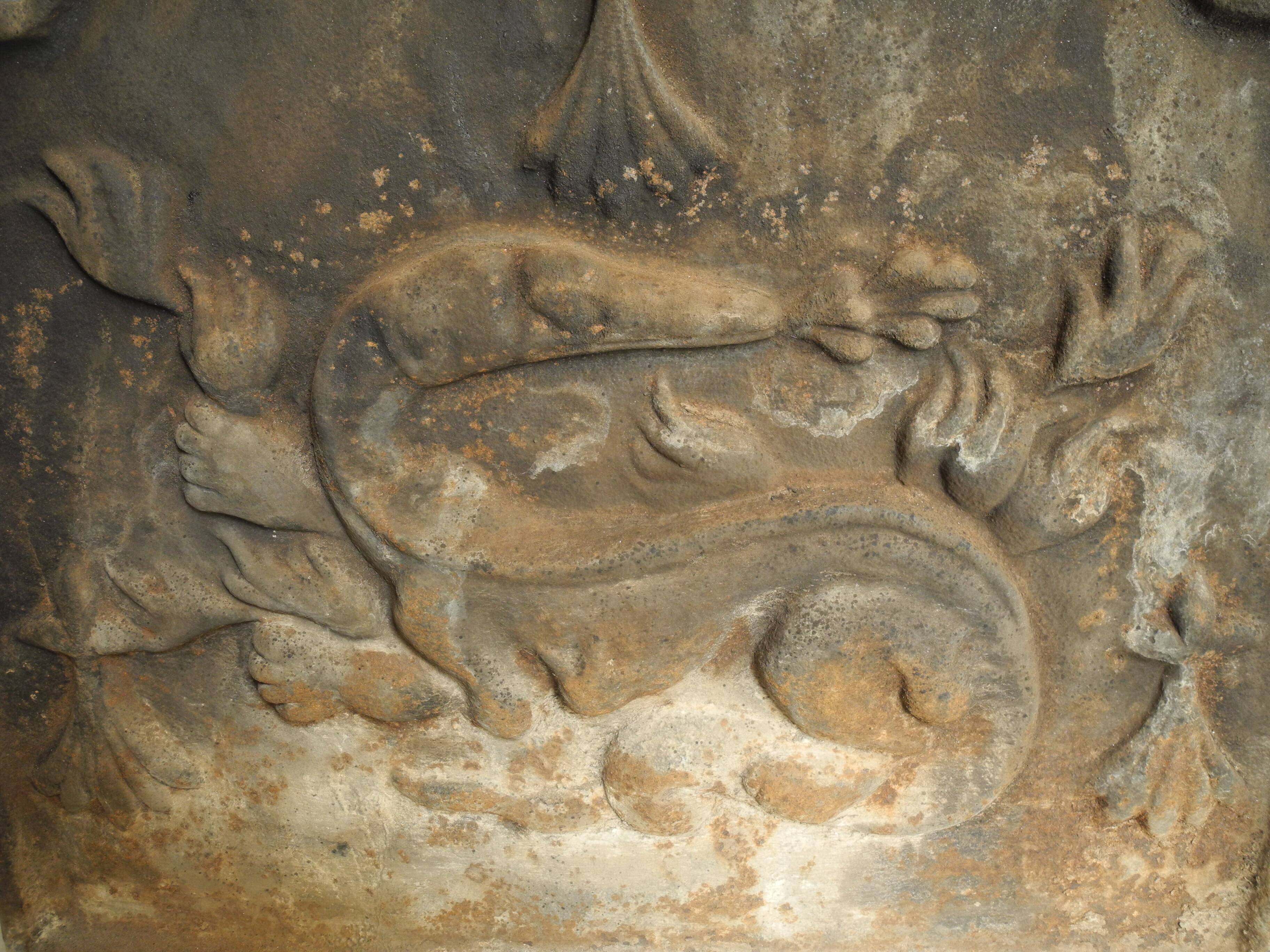 old cast iron fireback salamander fireplace plate