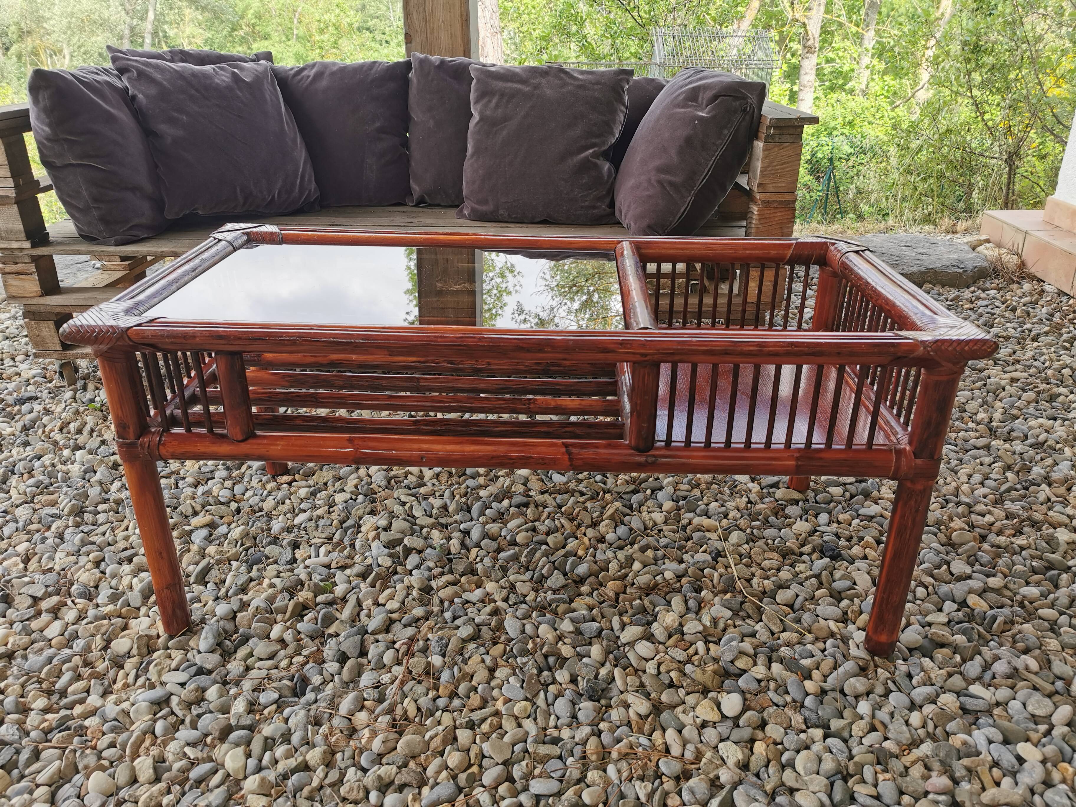 Vintage bamboo and leather coffee table
