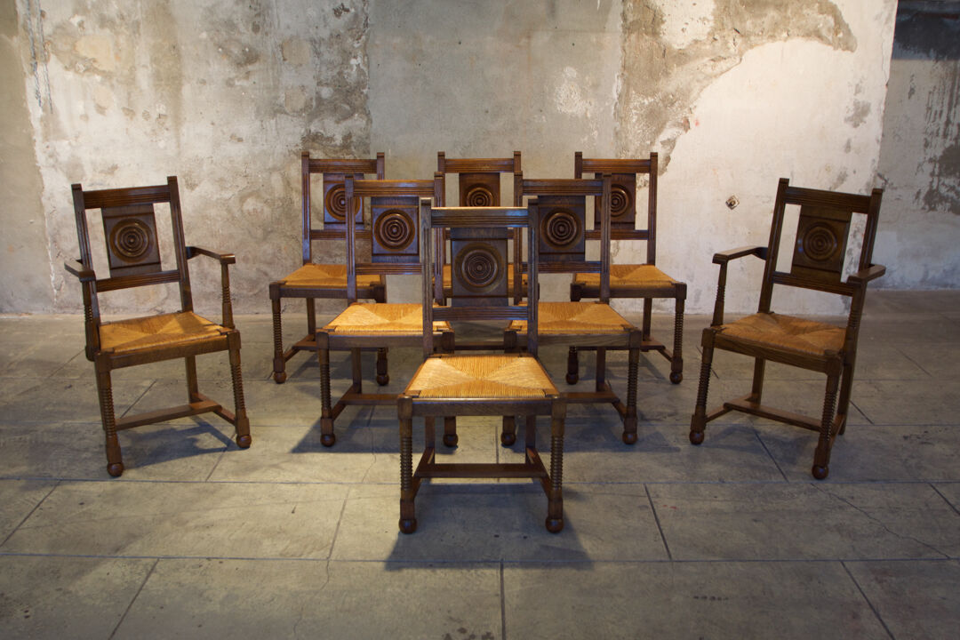 Set of six chairs and two brutalist armchairs mid-century 1950'
