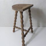 vintage half-moon tripod stool in turned solid wood with beaded edges