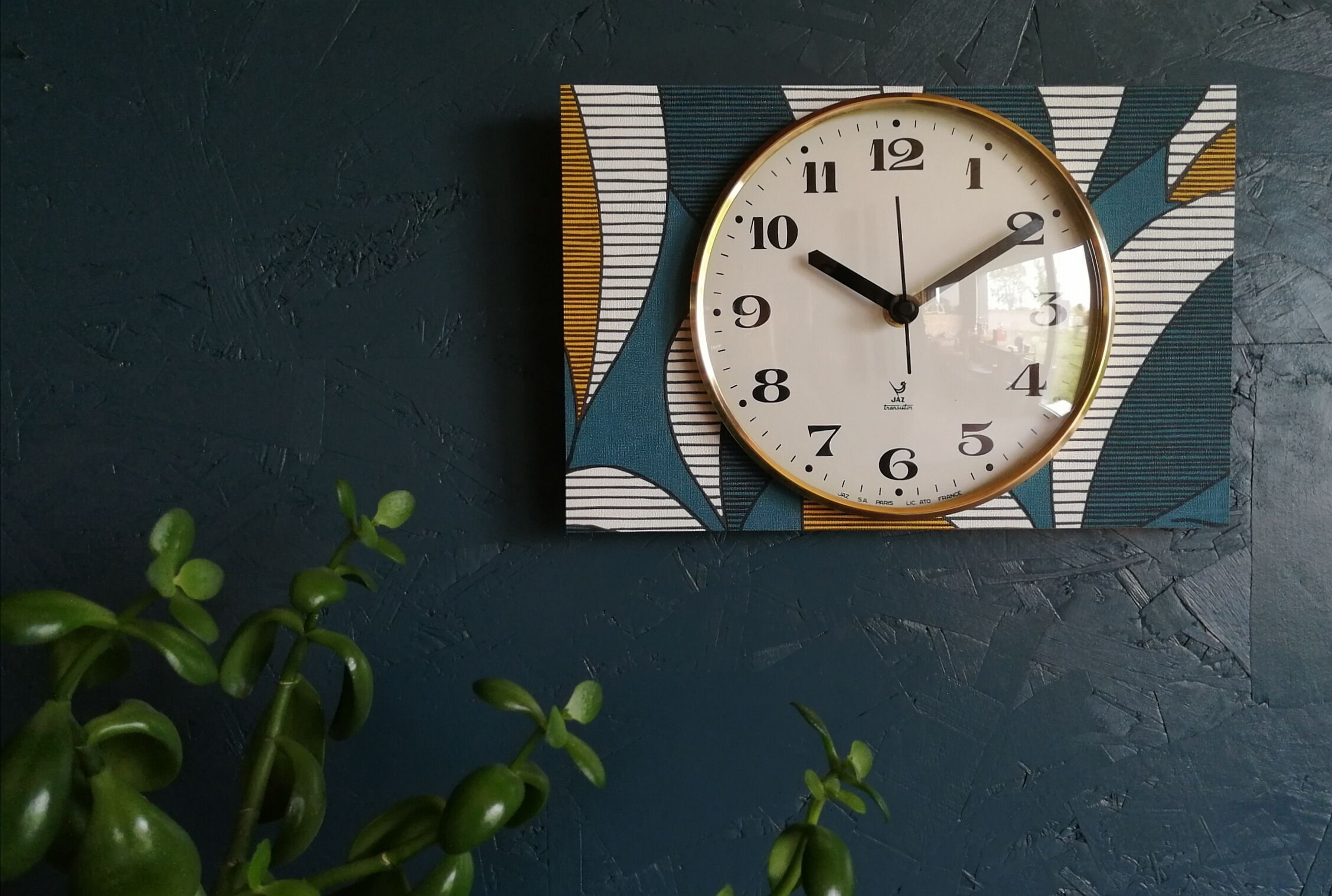 Vintage clock rectangular silent wall clock "Jaz blue white ochre"
