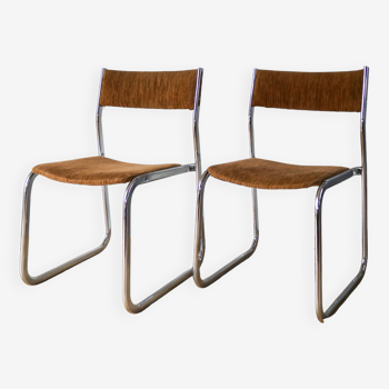 Paire de chaises design tubulaires et traineaux en velours côtelé marron et chrome 1970