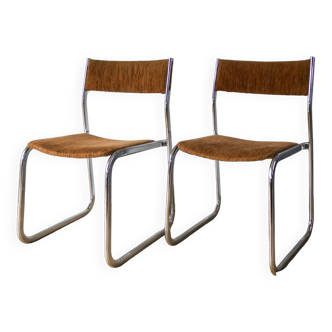 Pair of designer tubular chairs and sleds in brown corduroy and chrome 1970