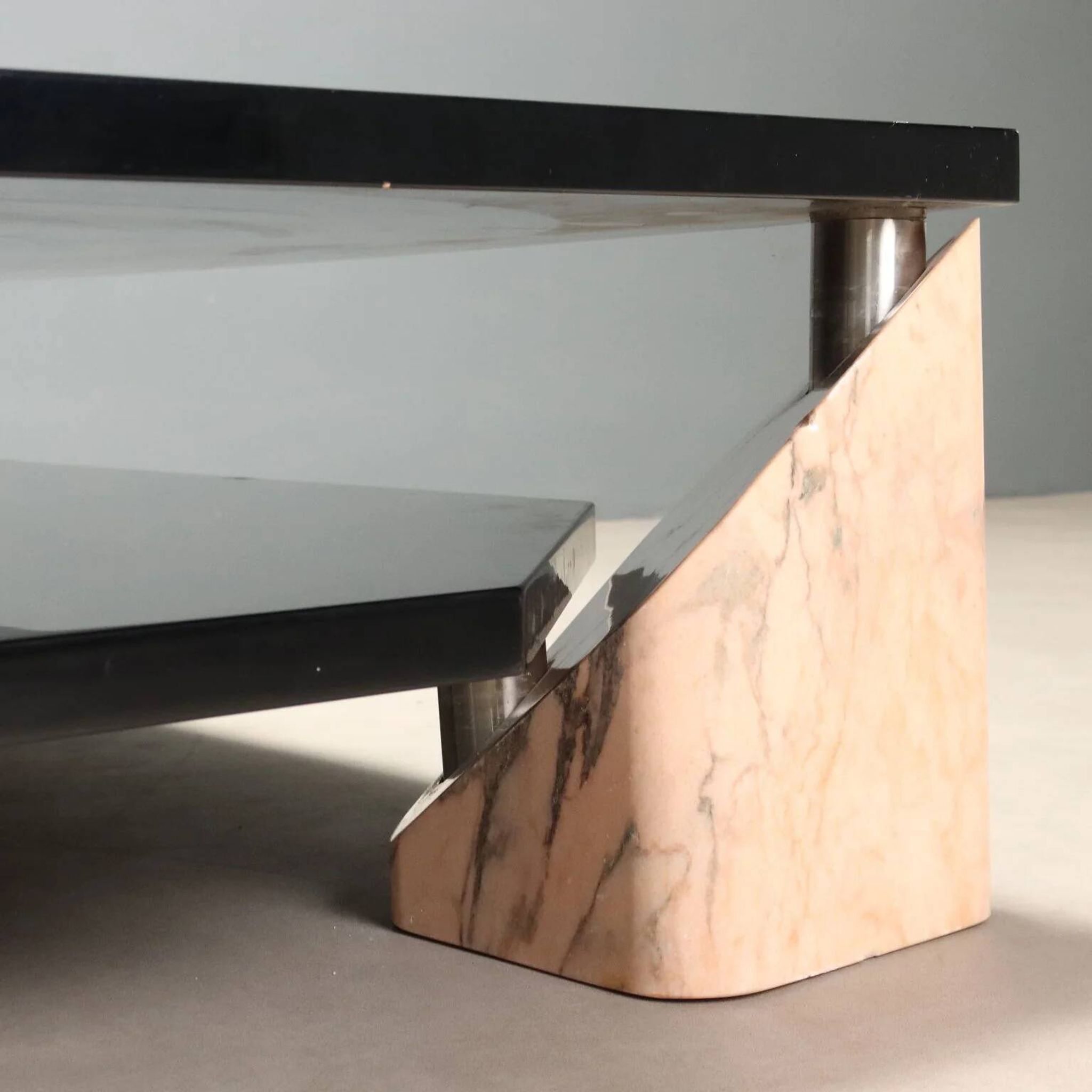 Vintage coffee table in pink marble and lacquered wood, 1970s design.