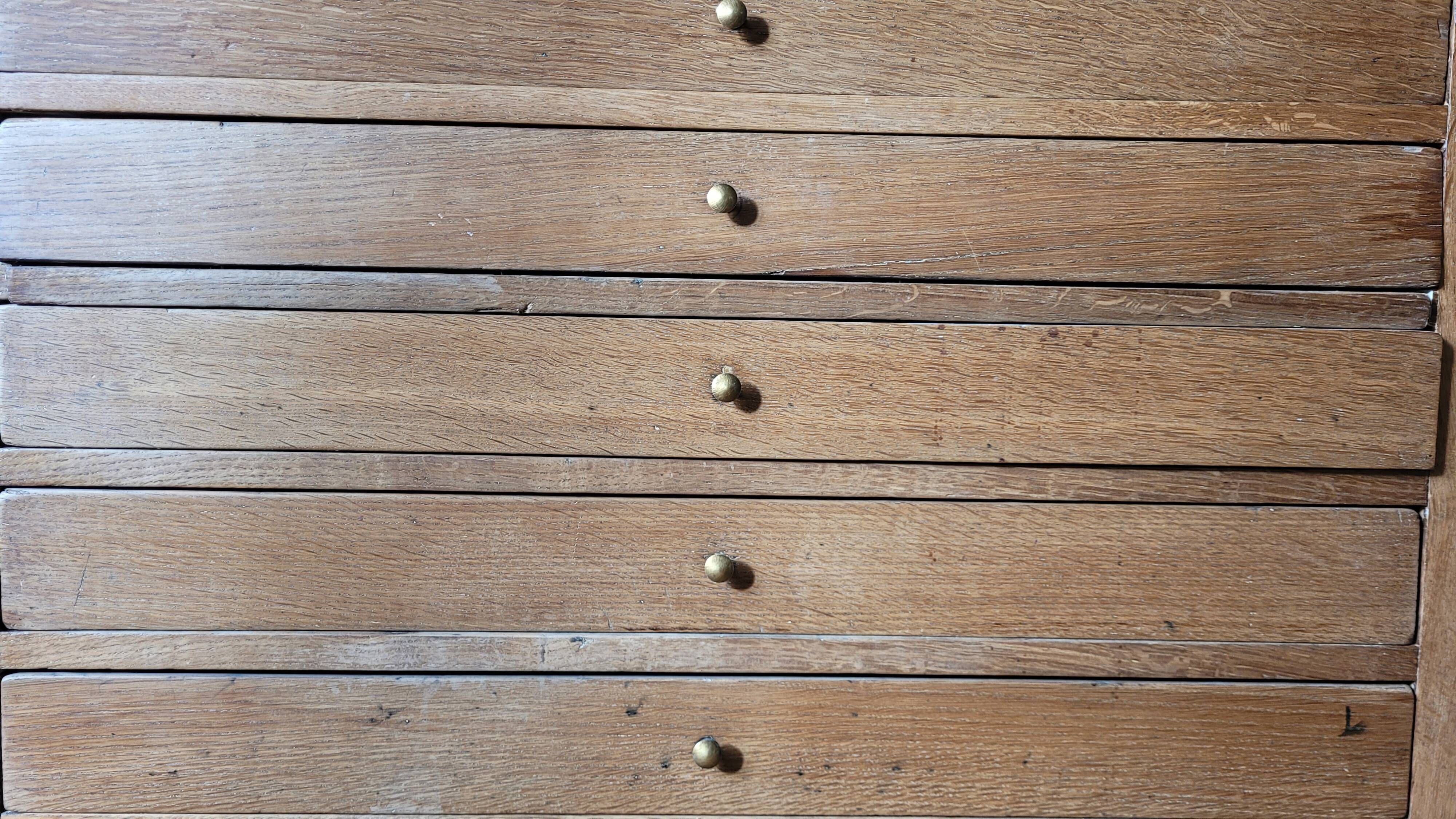 Antique workshop furniture in solid oak, 14 drawers