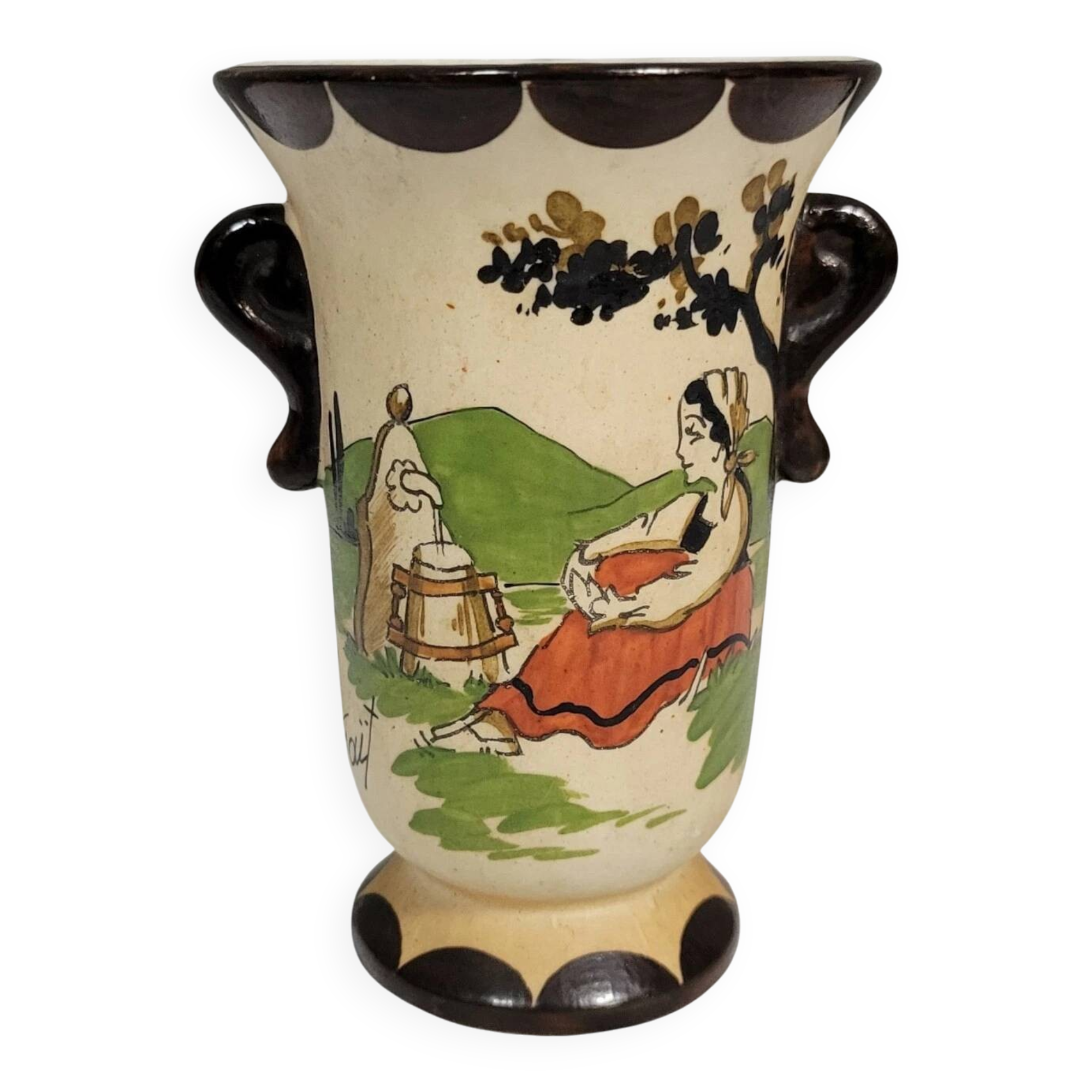Hendaye Gaitaud: vase with Basque decoration signed under the heel