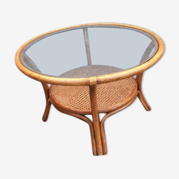 Circular bamboo coffee table, glass top