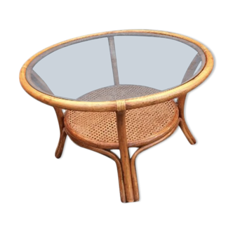 Circular bamboo coffee table, glass top