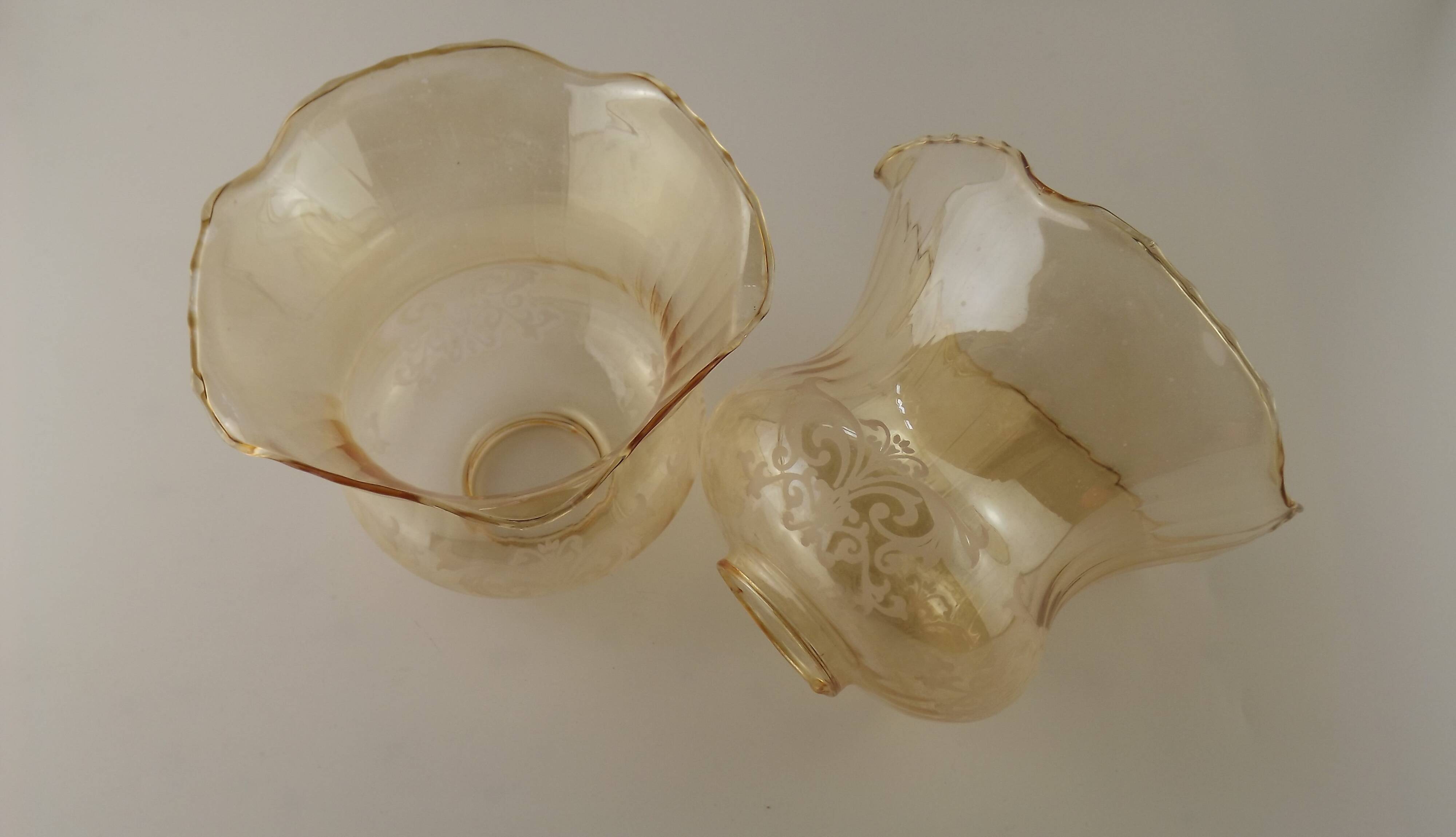 Set of 2 Vintage Glass Bell Shades in Smoked Amber Glass with Scroll Motif 5597