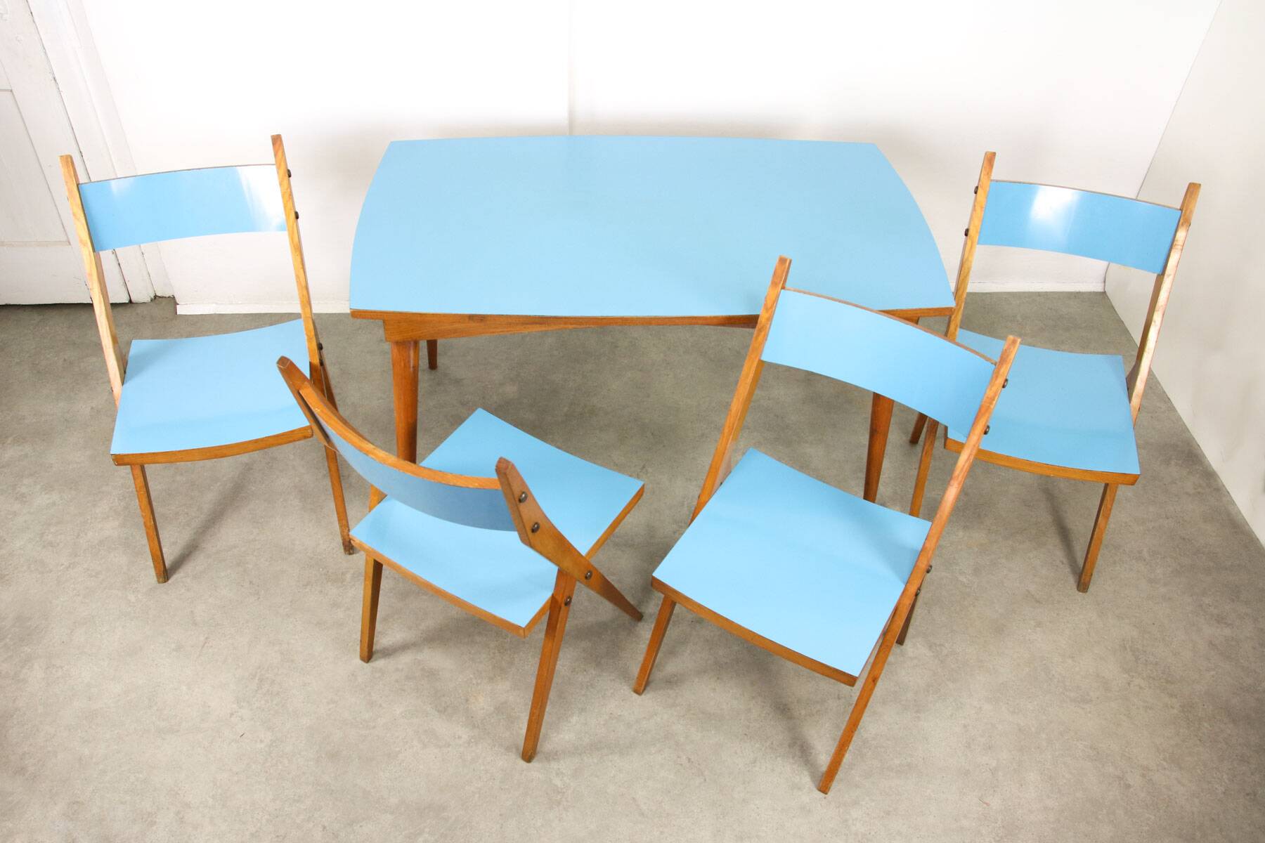 Mid-century Italian Wooden Dining Set of 5 in Blue
