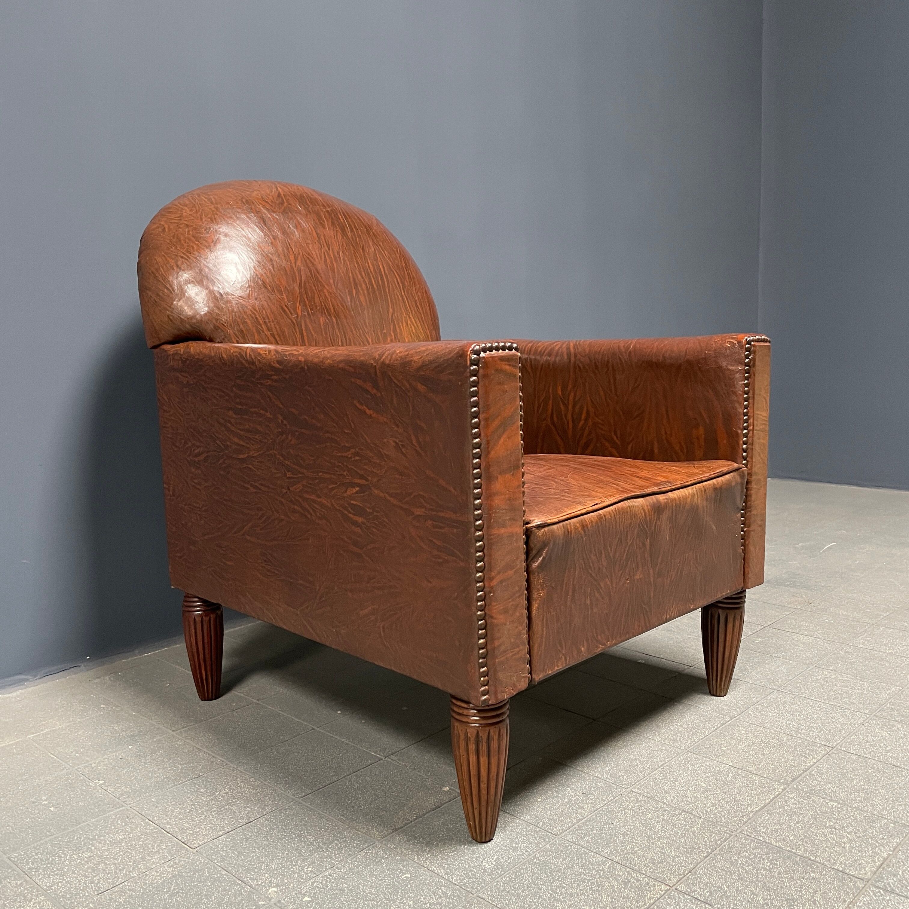Leather art deco club chair from france, early 1900