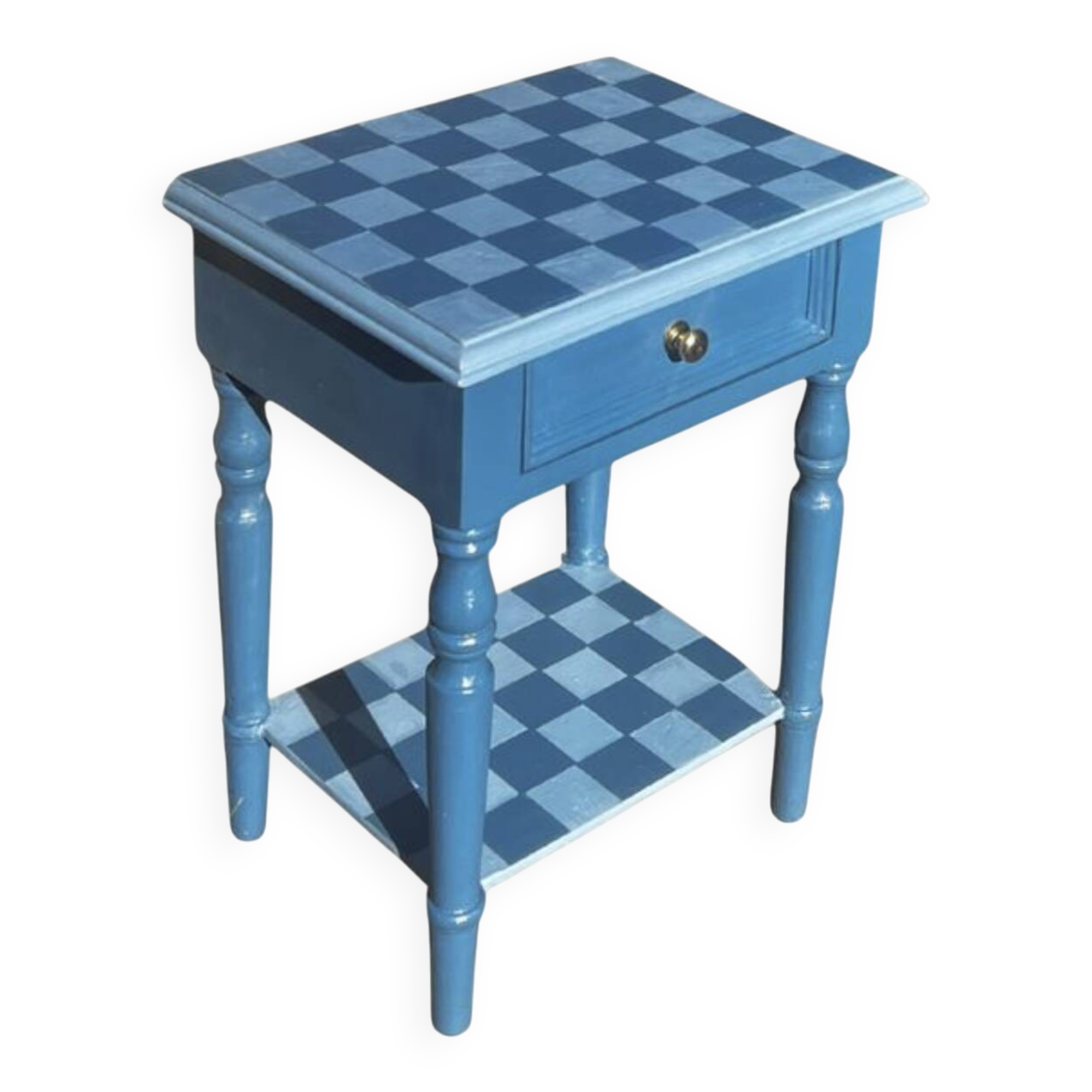 Blue checkered bedside table, neo-vintage style, turned legs.