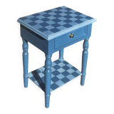 Blue checkered bedside table, neo-vintage style, turned legs.