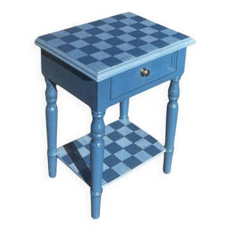 Blue checkered bedside table, neo-vintage style, turned legs.