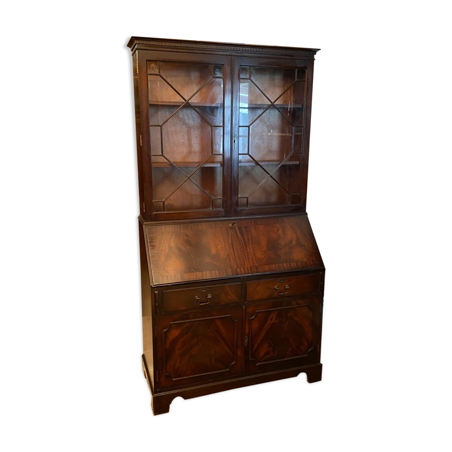 English Scriban two body secretary office showcase library in mahogany